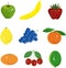 Fruit set. Green apple, yellow banana, red strawberry, yellow lemon, blue grapes, orange, tangerine, cherry, on a white background