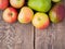 Fruit set of pears and apples on wooden rustic table antique.