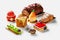 Fruit shaped pastries, cheesecake with berry jelly, pistachio eclair, chocolate roll, cubic and crescent croissants on
