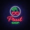 Fruit shop logo vector. Neon sign, bright nightlife advertising for fruit sales for your projects. Fruit Shop Billboard