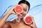 Fruit, skincare and black woman smile with grapefruit for facial wellness and skin glow. Portrait of a woman model with
