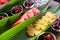 Fruit slices inside green leaves on buffet