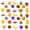 Fruit smiling characters colorful vector illustration background, apple, pear, orange, apricot, plum, pineapple, cherry, strawberr