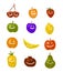 Fruit smiling characters colorful vector illustration background, apple, pear, orange, apricot, plum, pineapple, cherry, strawberr