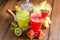 Fruit smoothies with dragon fruit, kiwi, watermelon, Pineapple o