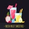 Fruit smoothies (juices) vector background (dragon fruit, cherry, cloud berry, pear and mango). Modern flat design.