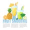 Fruit smoothies (juices) vector background (orange, pineapple, blueberry, spinach, apple). Menu element for cafe or restaurant. He