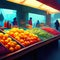 Fruit stall with variety of fruits and vegetables. Blurred background AI Generated