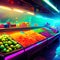 Fruit stall with variety of fruits and vegetables in neon light. Generative AI
