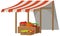 Fruit store with striped canvas roof