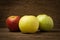 fruit traffic light concept. apple red. chinese pear yellow. guava green. on old wood