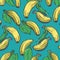 fruit trendy food yellow fresh background sweet seamless blue pattern banana. Generative AI.