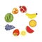 Fruit vector circle with watermelon, persimmon, pomegranate, banana, pineapple, grape and lemon in a flat style.