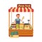 Fruit and vegetable market shop stand with happy young farmer character flat vector illustration