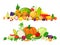 Fruit and vegetable piles. Apple, kiwi, cherry, apple, pepper, tomato, pumpkin, carrot, cabbage. Fresh organic fruits