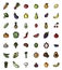 Fruit and vegetables flat design vector colorful icon set. Collection of isolated fruits and veggies symbols