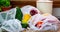 Fruit and Vegetables in reusable mesh bags, with reuse me labels, on kitchen counter friendly