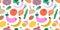 Fruit and vegetables, seamless pattern, hand drawn colorful doodle veggies. Vector texture. Trendy cute illustrations of