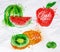 Fruit watercolor watermelon, kiwi, apple red
