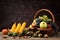 Fruit in wicker baskets and corn