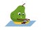 Fruit yoga. Cartoon funny pear doing sport exercises. Yoga or fitness workout. Smiling plant character training at home