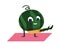 Fruit yoga. Mascot on gymnastic mat. Watermelon character doing sport exercise. Health vitamin food for greengrocer
