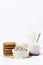 fruit yoghurt and oatmeal cookies - healthy food, vertical