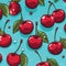 Fruitful red cherries with leaves creating shadow on blue background modern pattern in vector style