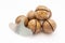 Fruits of the Australian macadamia nut and iron key on a white background. Kernels with a Shelled Shell