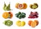 Fruits from the autumn blues, isolated on white. Pomegranate, kiwi, pear, grape, mandarin, persimmon, grapefruit, lemon, feijoa.