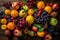 Fruits background Colorful Seasonal various fresh fruits assorted berries on a wooden table, top view, Generative AI