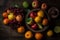 Fruits background Colorful Seasonal various fresh fruits in the bowl on a wooden table, top view, Generative AI