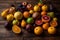 Fruits background Colorful Seasonal various fresh fruits on a wooden table, top view, Generative AI