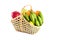 Fruits basket assorted wicker on white background fruit health food isolated