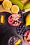 Fruits, berried and vegetables next to glasses with detox water