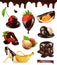 Fruits and berries in chocolate. Cherry, strawberries, banana, orange and hazelnuts. 3d vector set