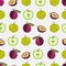 Fruits and berries.Seamless pattern of apples and plums. Pixel. Embroidery. Vector