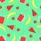 Fruits, berries and smoothie jars seamless pattern on mint green background.