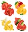 Fruits and berries in splash of juice. Mango, banana, watermelon, strawberry. 3d vector