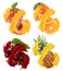 Fruits and berries in splash of juice. Orange, pineapple, grapes, peach. 3d vector