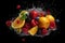 Fruits and berries, splashes of water on a black background. AI generative