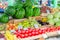 Fruits, berries and vegetables on the counter at the street market