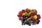 Fruits and berries on white background. Ripe currants, strawberries, blackberries, bluberries, peaches and yellow plums.