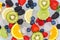 Fruits berry food background oranges strawberries ice cubes fresh fruit