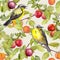 Fruits, birds - garden with plum, cherry, apples. Seamless pattern. Watercolor