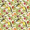 Fruits, birds - garden with plum, cherry, apples. Seamless pattern. Watercolor