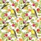 Fruits and birds - plum, cherry, apples. Seamless pattern. Watercolor