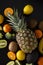 Fruits on black background - pineaple, tangerine, orange, citrus fruits, kiwi, broccoli. Healthy food, lose weigh. Copy space.