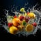 Fruits on black background with water splash