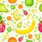 Fruits do yoga. Seamless pattern. Banana, lemon, orange, apple, pear, pitahaya